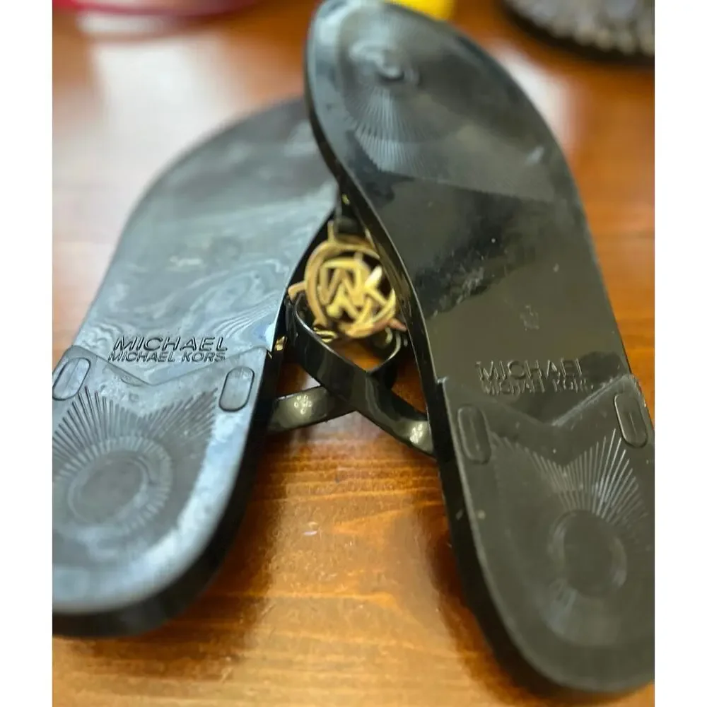 Michael Kors Signature Flip Flops With Black Straps and Gold Emblem- Womens  11